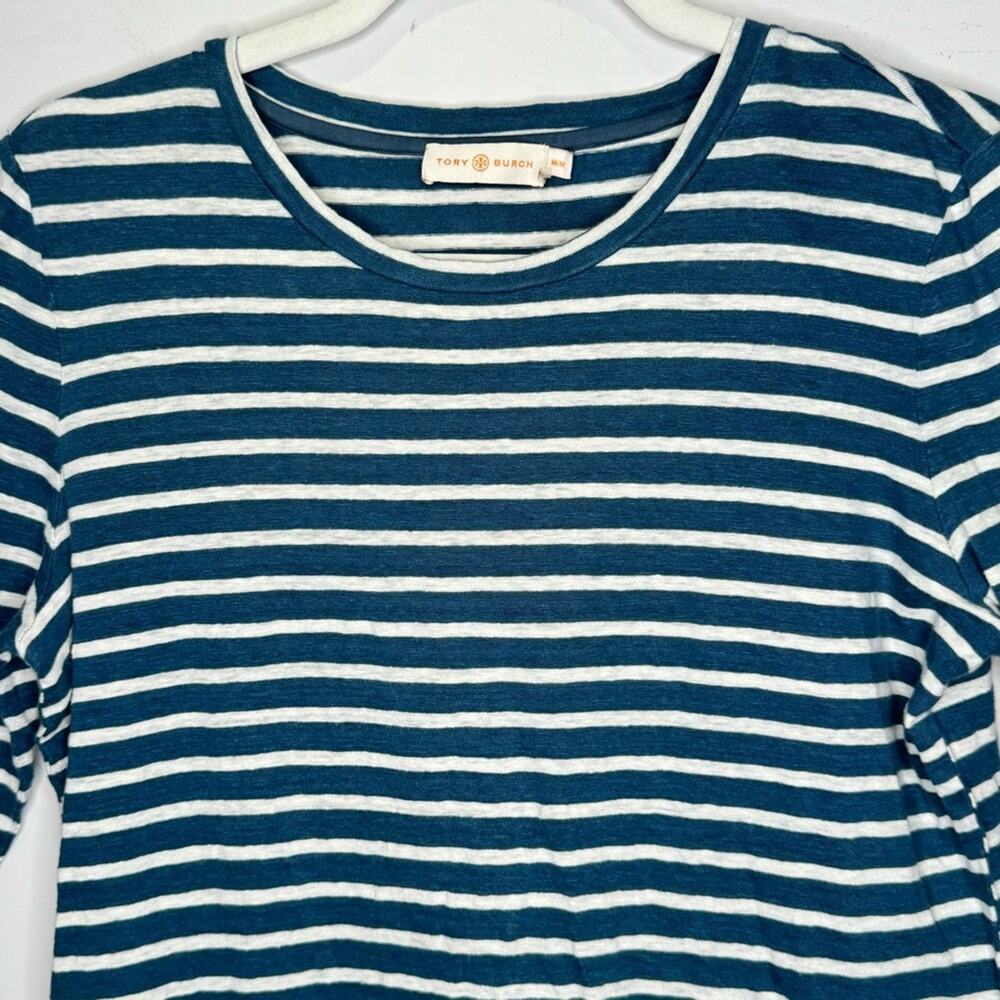 Tory Burch 100% Linen Stripe Minimalist Crew Neck Long‎ Sleeve Shirt Hem Medium - Picture 3 of 11